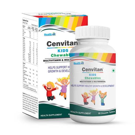 HealthVit Cenvitan Kids Multivitamin Chewable Tablets: Supports growth, immunity, energy, strong bones. 60 tablets.