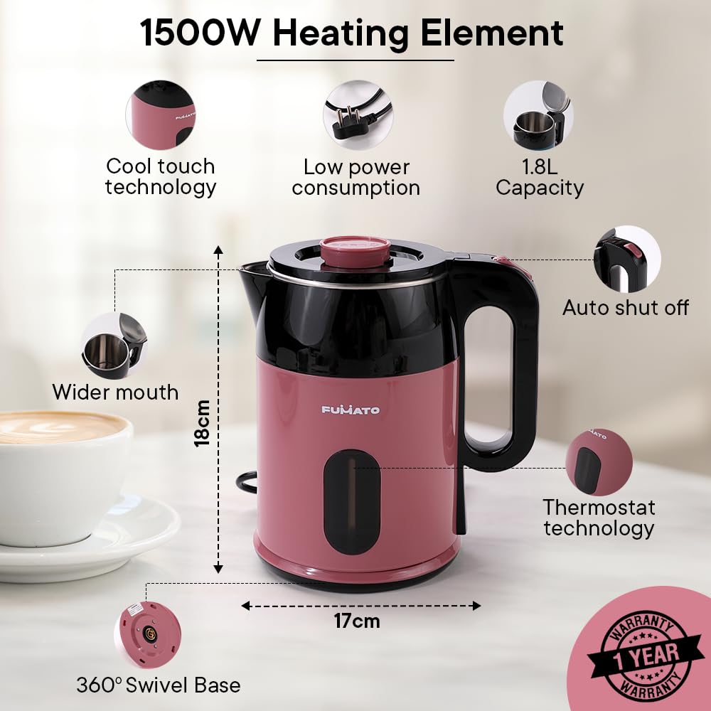 The Better Home FUMATO 1.8L Electric Kettle, 3-in-1 Cooker, Steamer. Wedding/Housewarming Gift, 1 Year Warranty, Cherry Pink.