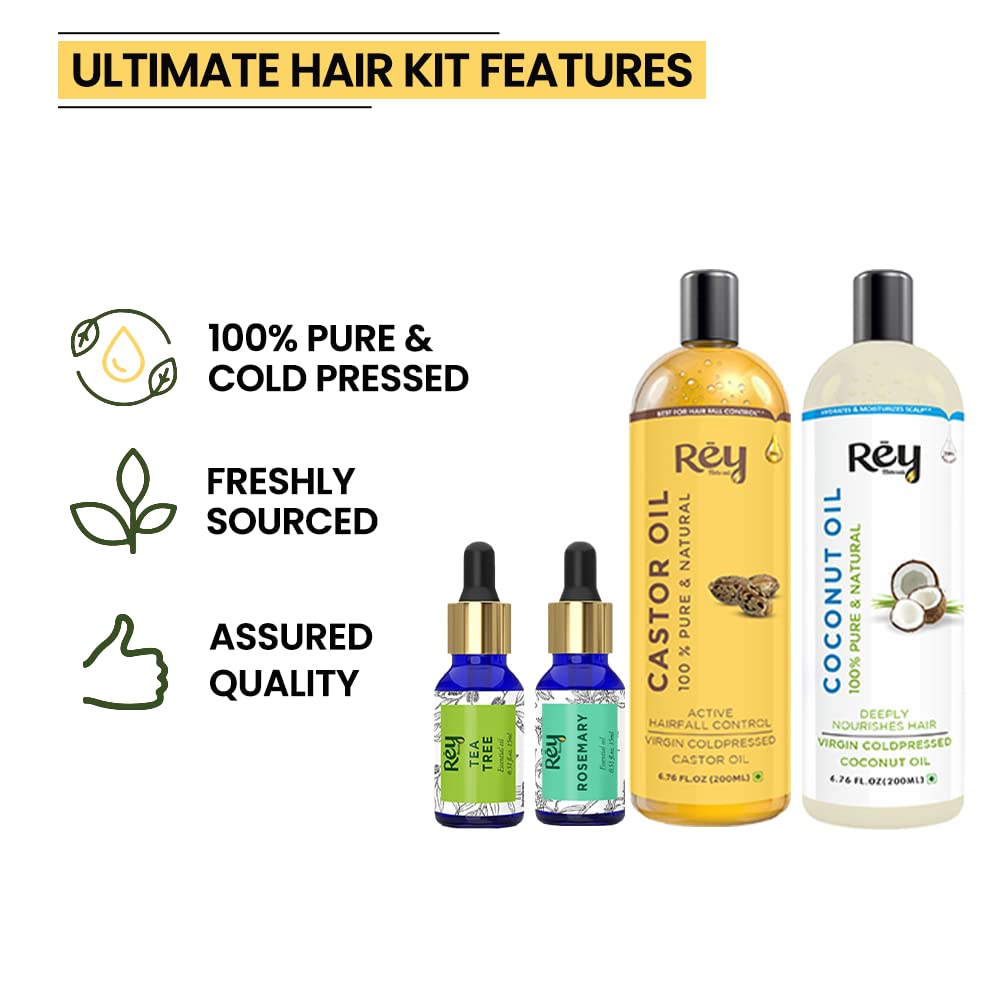 Rey Naturals hair oils kit: Castor, Coconut, Tea tree, Rosemary oils. Controls hairfall, no mineral oil, silicones, or synthetic fragrance.