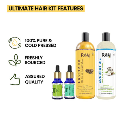 Rey Naturals hair oils kit: Castor, Coconut, Tea tree, Rosemary oils. Controls hairfall, no mineral oil, silicones, or synthetic fragrance.