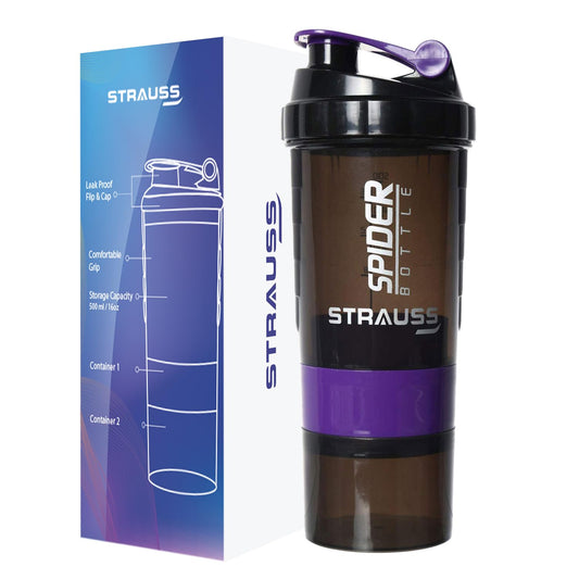 STRAUSS Spider Gym Shaker Bottle, 500ML, 2 compartments, leakproof, BPA-free, for pre/post-workout drinks. Pack of 1, Purple.