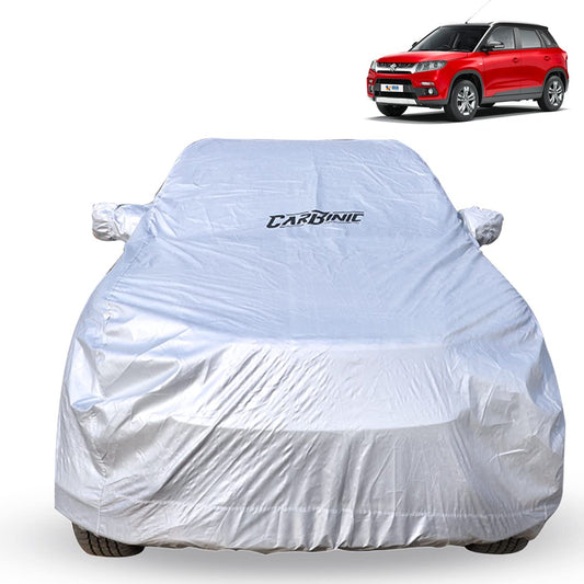 CARBINIC Car Cover for Maruti Brezza 2022 Waterproof Tested and Dustproof Custom Fit UV Heat Resistant Outdoor Protection with Triple Stitched Fully Elastic Surface  Jungle with Pockets Silver