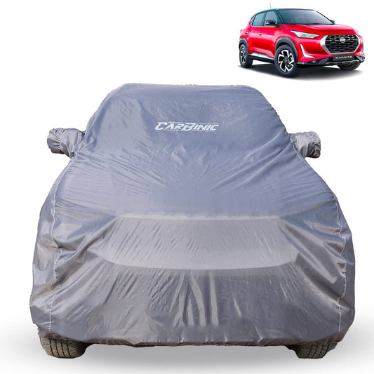 CarBinic Car Cover for Nissan Magnite 2022 Water Resistant Tested and Dustproof Custom FitUV Heat Resistant Outdoor Protectionwith Triple Stitched Fully Elastic Surface  Grey with Pockets