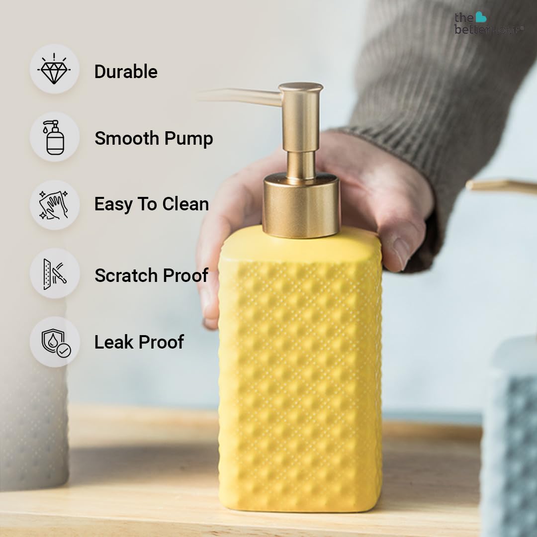 The Better Home 350ml Soap Dispenser Bottle - Yellow Set of 3 Ceramic Liquid Pump Dispenser for Kitchen Wash-Basin and Bathroom