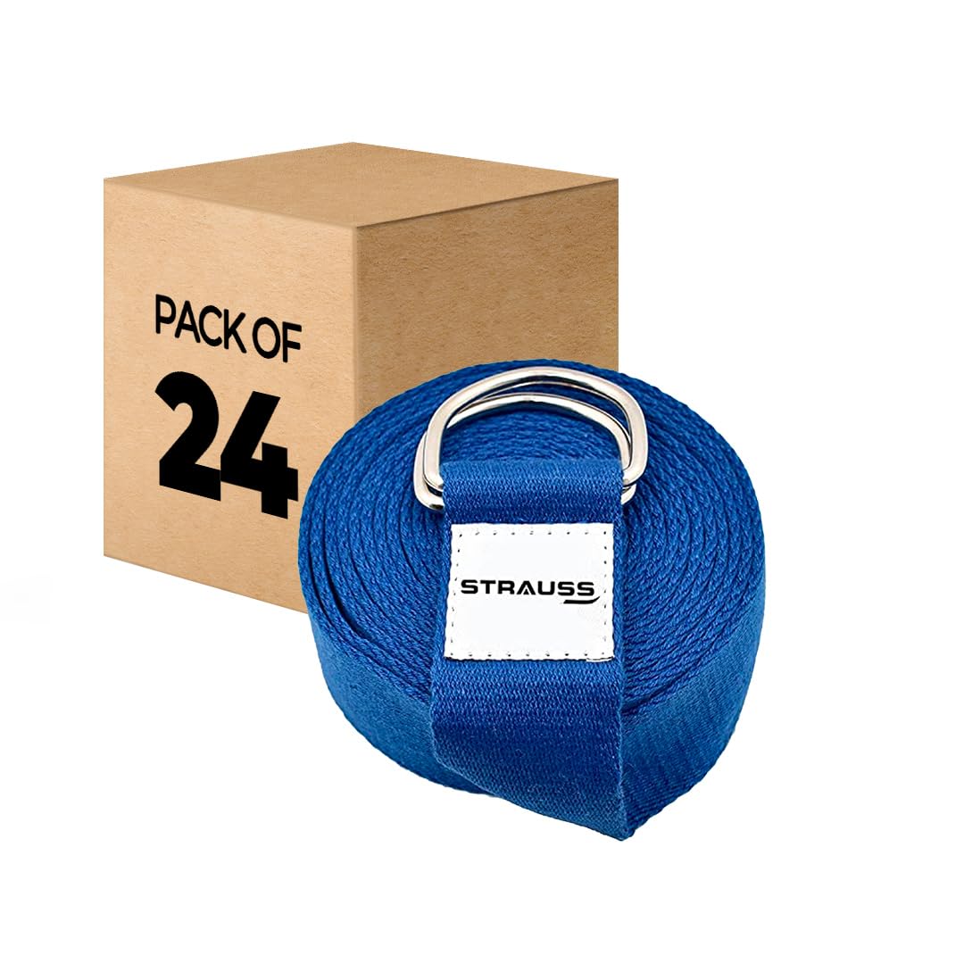 Strauss Yoga Strap, 8ft, Blue, Pack of 24. Ideal for Yoga, Pilates, Therapy, Dance, Gymnastics. Thicker Belt, Adjustable Metal D-Ring Buckle.