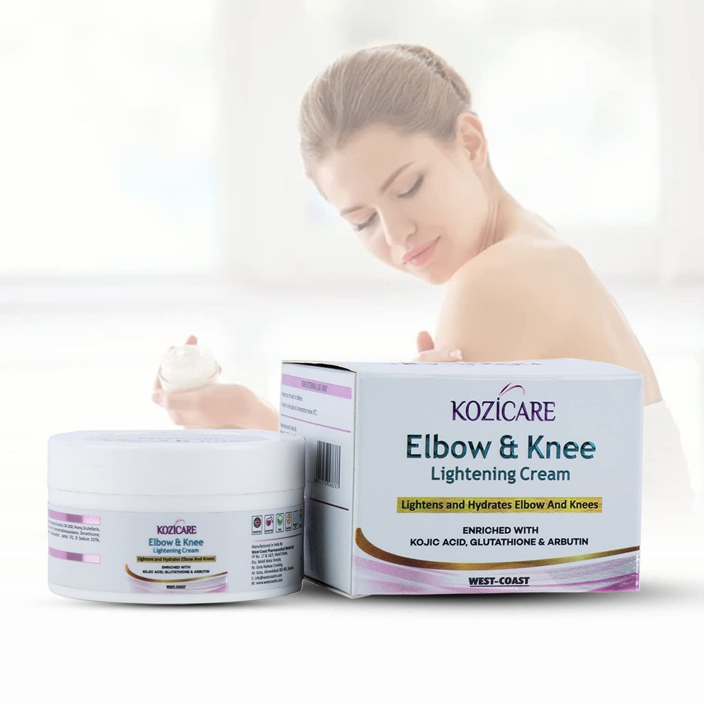 Kozicare Elbow & Knee Lightening Cream: Glutathione, Arbutin, Kojic Acid. Improves texture, hydrates, softens, eliminates patchy skin - 50gm.