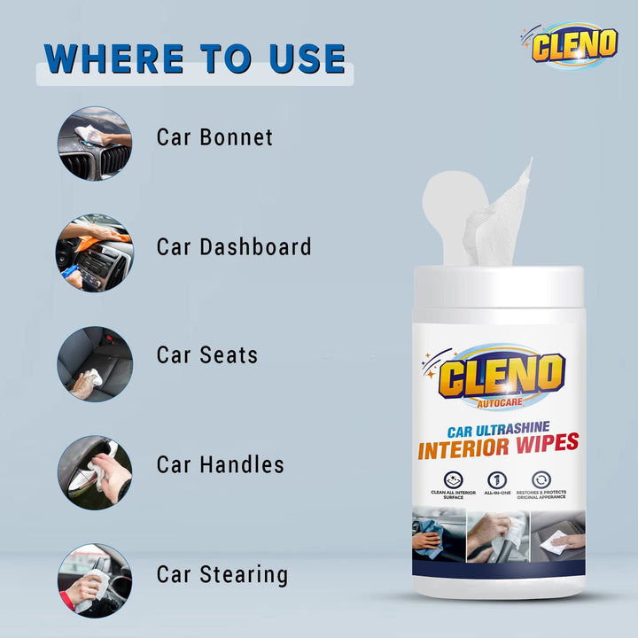 Cleno Car Ultrashine Interior Wipes - 50 Wipes Ready-to-Use Cleaning Essentials  Restore  Protect Your Cars Original Appearance  Ultimate Car Cleaning Kit