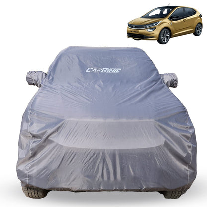 CARBINIC Car Body Cover for Tata Altroz 2020: Water Resistant, UV Protection, Scratchproof, Dustproof, All-Weather, Mirror Pocket, Antenna, Grey.