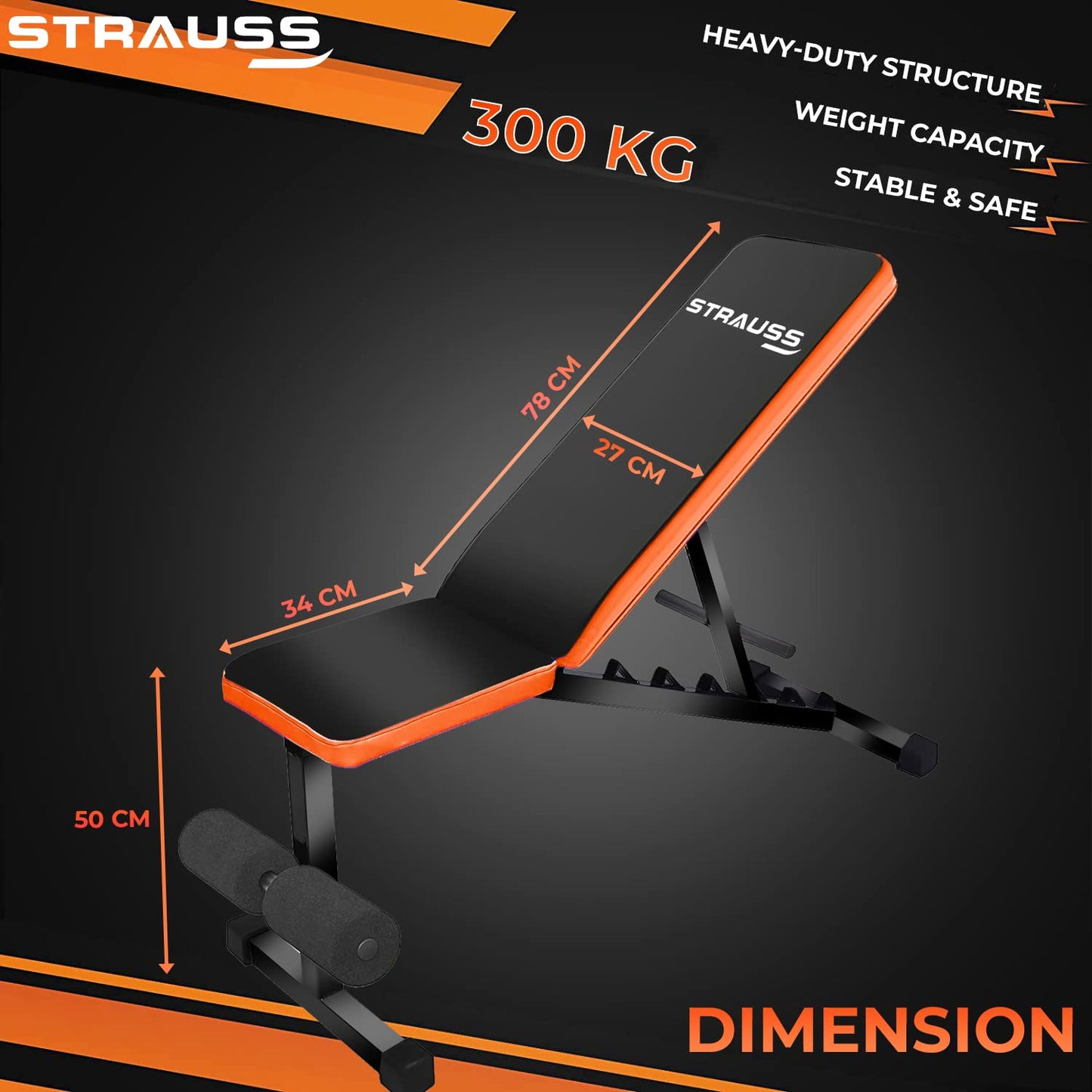 Strauss Adjustable Heavy Duty Gym Bench, 7 Positions, Incline/Decline, Multipurpose, Black/Orange