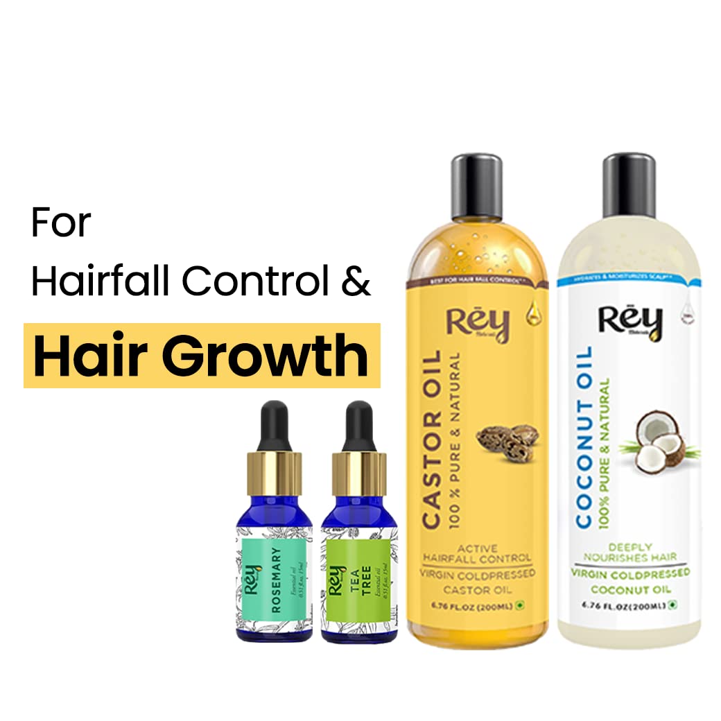 Rey Naturals hair oils kit: Castor, Coconut, Tea tree, Rosemary oils. Controls hairfall, no mineral oil, silicones, or synthetic fragrance.