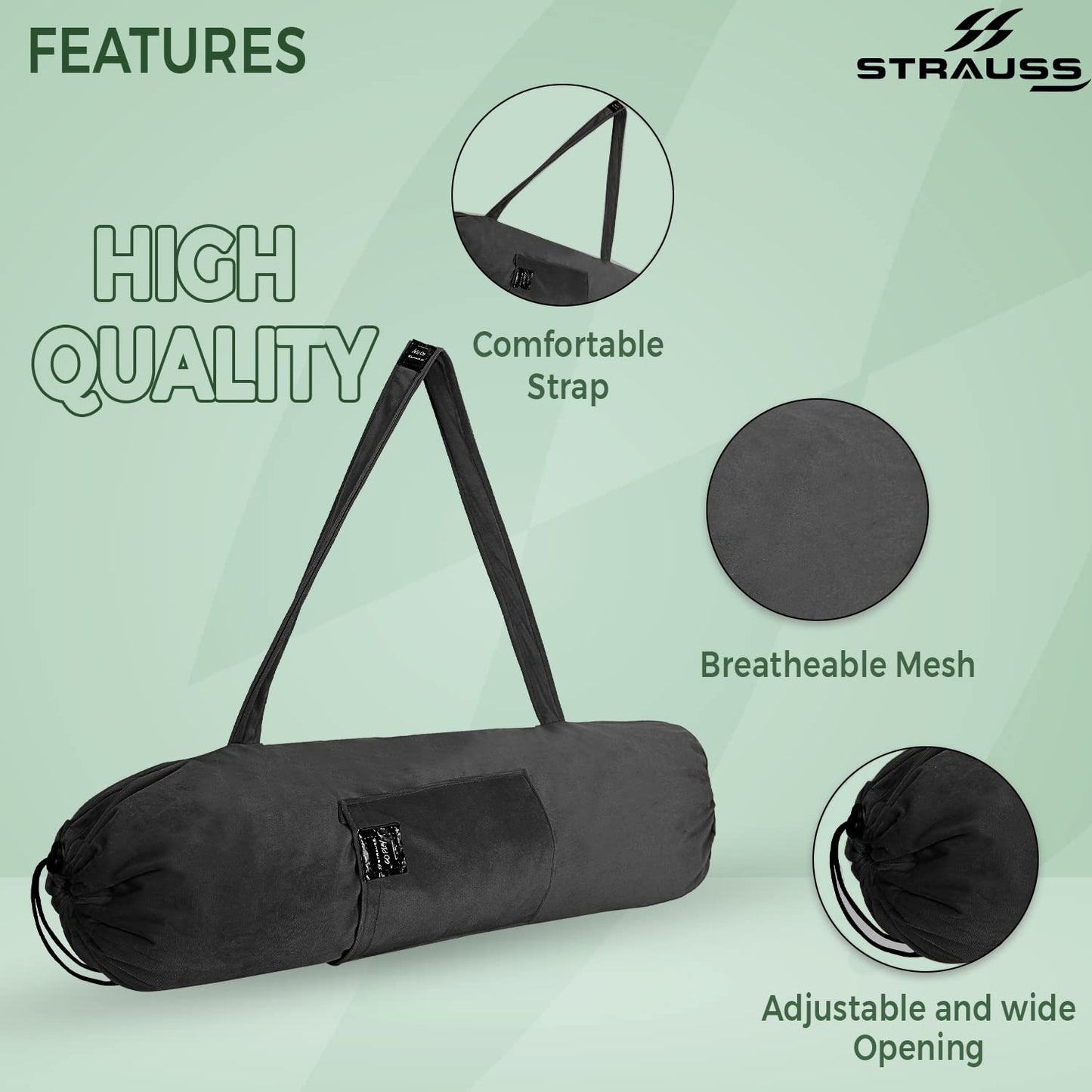 STRAUSS Velvet Yoga Mat Bag with Shoulder Strap, Washable, Durable, Side Pocket, Ideal for Men & Women, Black.