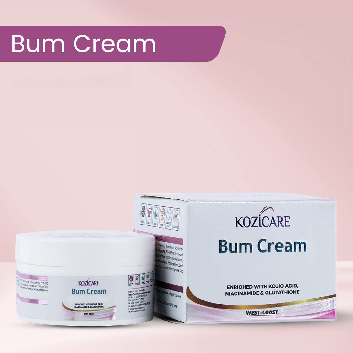 Kozicare Bum Cream with 0.01 Glutathione 1 Niacinamide  0.01 Kojic Acid - 50 GM