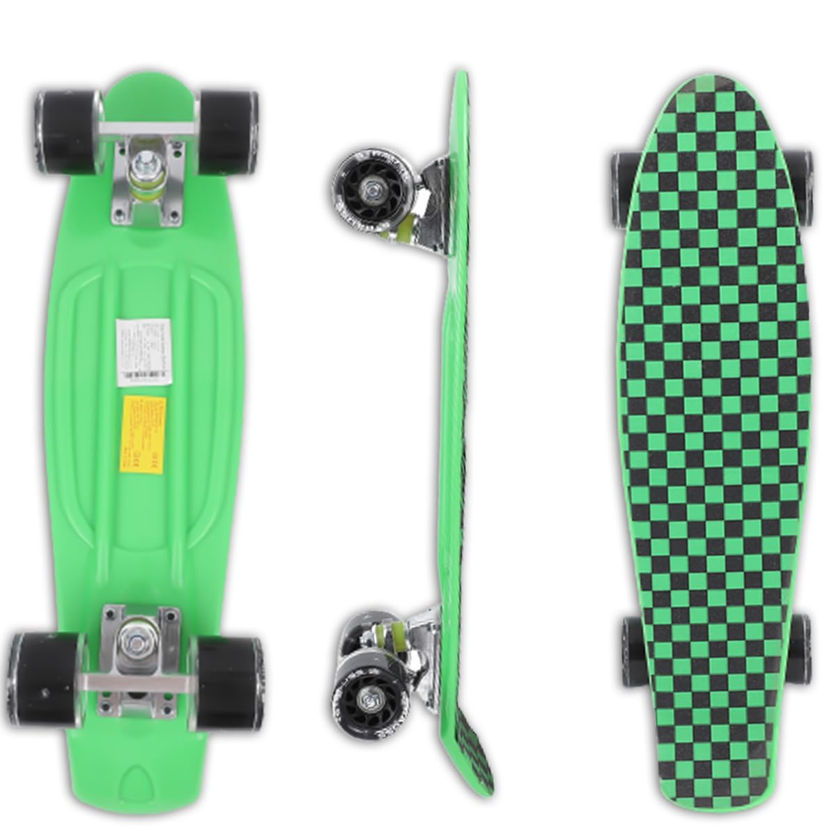 STRAUSS Cruiser Skateboard, ABEC-7 Bearings, PU Wheels with Light, Anti-Skid, 22x6", Checkered Green, Ideal for 8+ Years