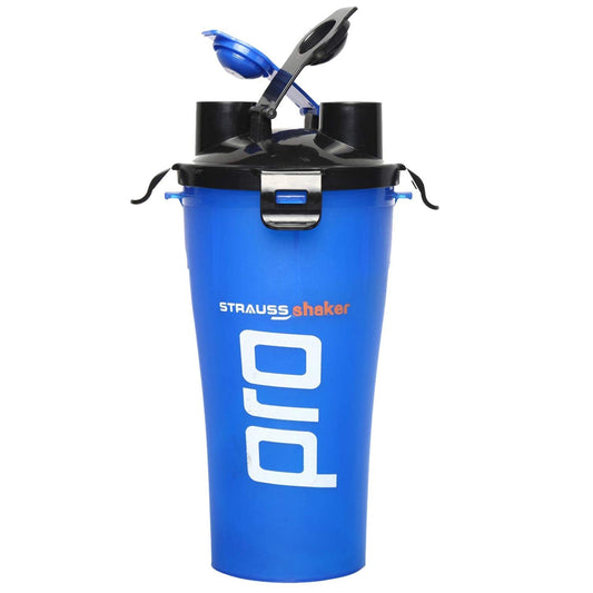 STRAUSS Dual Shaker Pro 700ml, Leakproof, BPA-Free, for Protein Shakes, Gym Use, Men & Women, Blue.