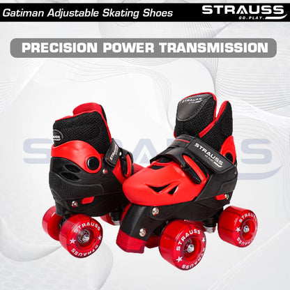 STRAUSS Gatiman Adjustable Roller Skates with Break, 4 Wheels, Size Senior, Black/Red, Ideal for Boys and Girls