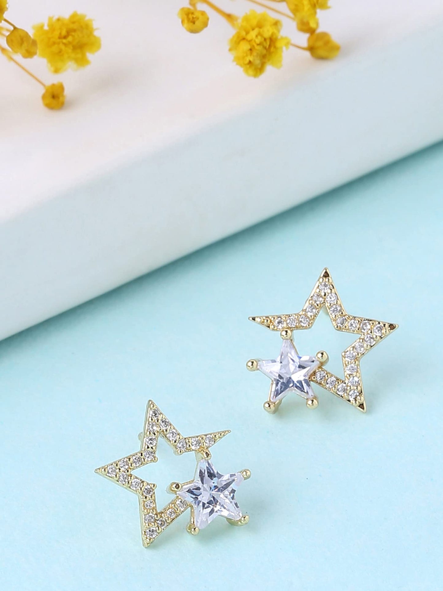 Yellow Chimes Earrings for Women and Girls Studs for Girls Gold Toned Crystal Studded Dual Star Shaped Stud Earrings  Birthday Gift for girls and women Anniversary Gift for Wife