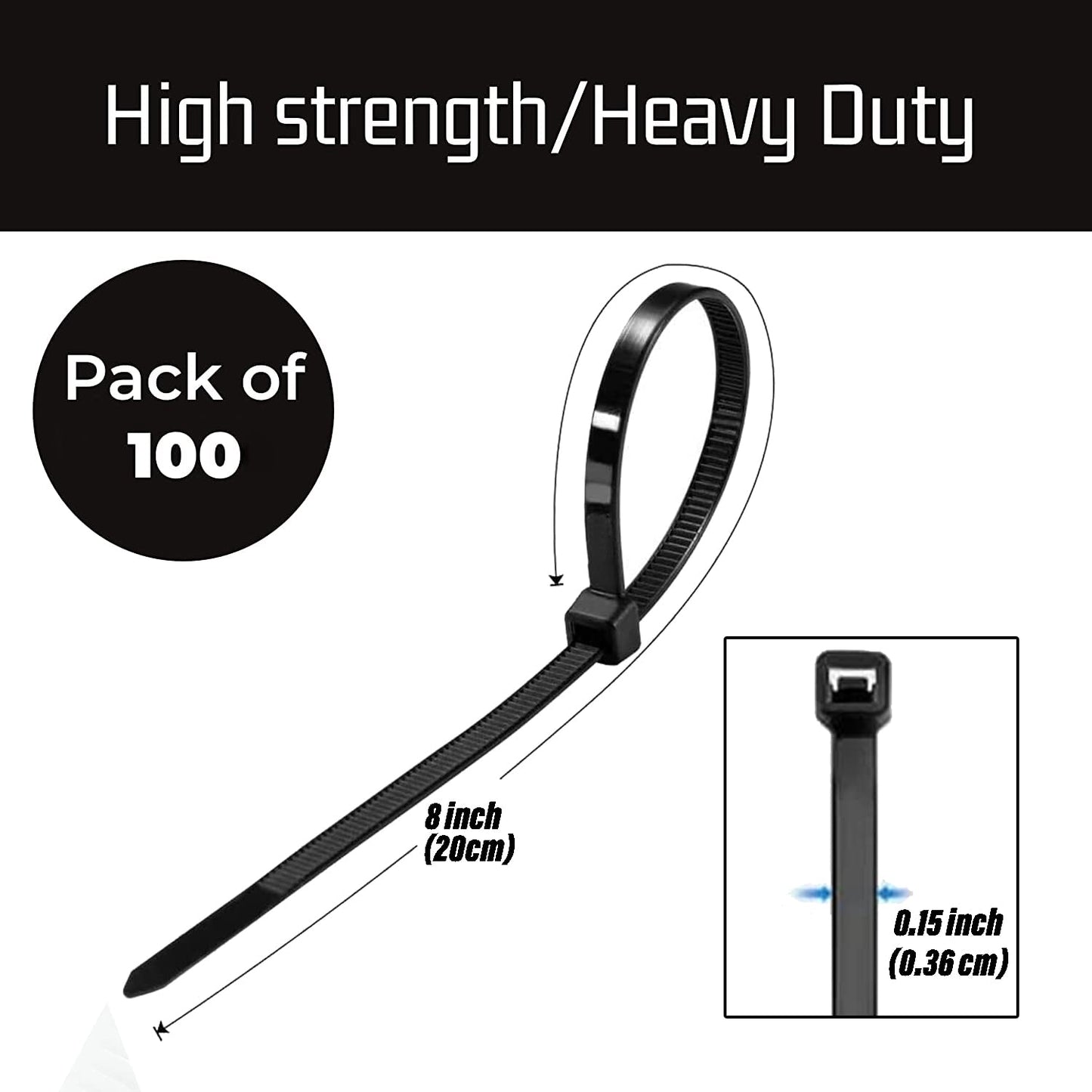 Kuber Industries 200 MM Self Locking Cable TiesHeavy Duty Nylon Zip TiesPack of 100 Black