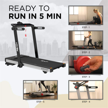 Reach Evolve 6 HP Treadmill: Auto Incline, Foldable, LCD, Bluetooth, 15 Workouts, 16 km/h, 110 kg max user weight.