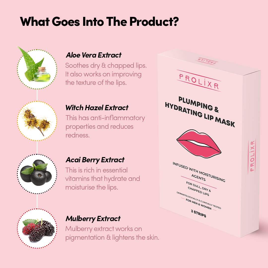 Prolixr Plumping  Hydrating Lip Mask - For Pink Lips Witch Hazel Aloe Vera Acai Berry  Mulberry Dark Dull Dry  Chapped Lips  Women  Men  3 Strips