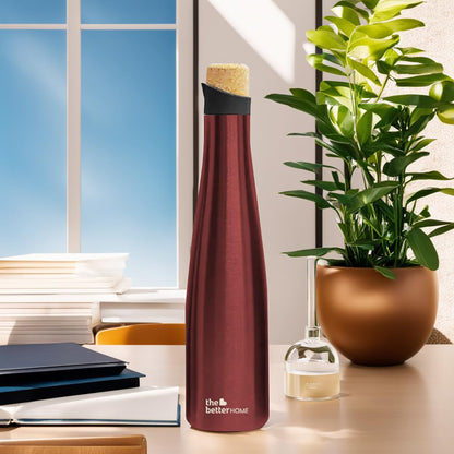 The Better Home 500ml Insulated Stainless Steel Water Bottle, 18 Hours Insulation, Cork Cap, BPA Free, Wine Colour, Leak Proof.