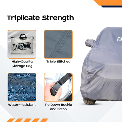 CARBINIC Car Body Cover for MG Hector 2022: Water Resistant, UV Protection, Scratchproof, Dustproof, All-Weather, Mirror Pocket, Antenna, Grey.