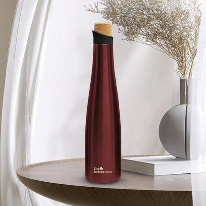 The Better Home 500ml Insulated Stainless Steel Water Bottle, 18 Hours Insulation, Cork Cap, BPA Free, Wine Colour, Leak Proof.