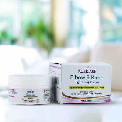 Kozicare Elbow & Knee Lightening Cream: Glutathione, Arbutin, Kojic Acid. Improves texture, hydrates, softens, eliminates patchy skin - 50gm.