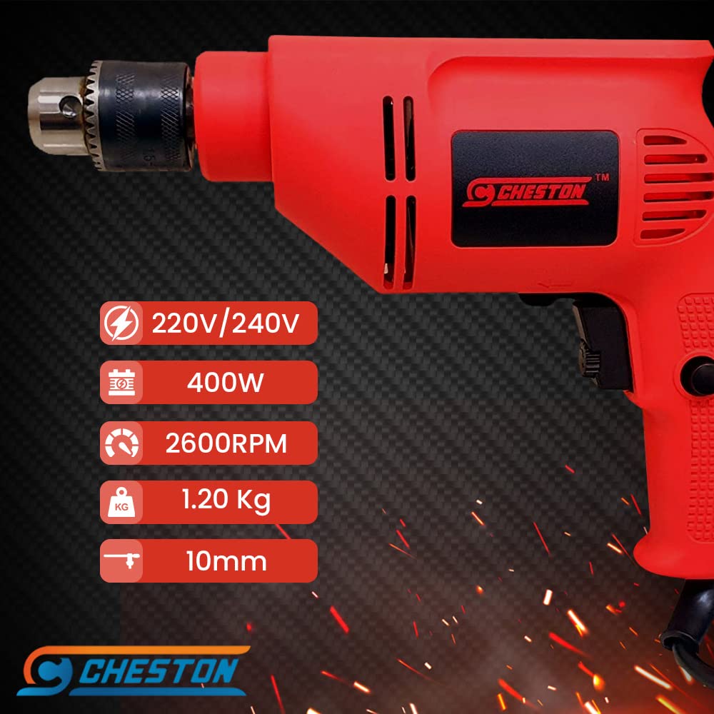 Cheston 10mm Powerful Drill Machine Screwdriver Reverse Forward Rotation with Variable Speed for Wall Metal Wood Drilling 5 Wall and 13 HSS BITS Included