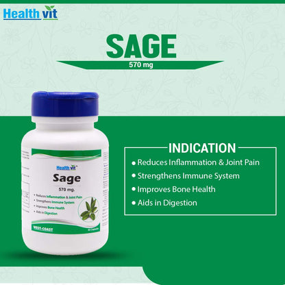 Healthvit Sage 570mg: Improves bone health, reduces inflammation/joint pain, strengthens immune system, supports brain/memory, 60 vegan capsules.