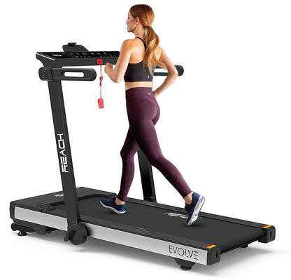 Reach Evolve 6 HP Treadmill: Auto Incline, Foldable, LCD, Bluetooth, 15 Workouts, 16 km/h, 110 kg max user weight.