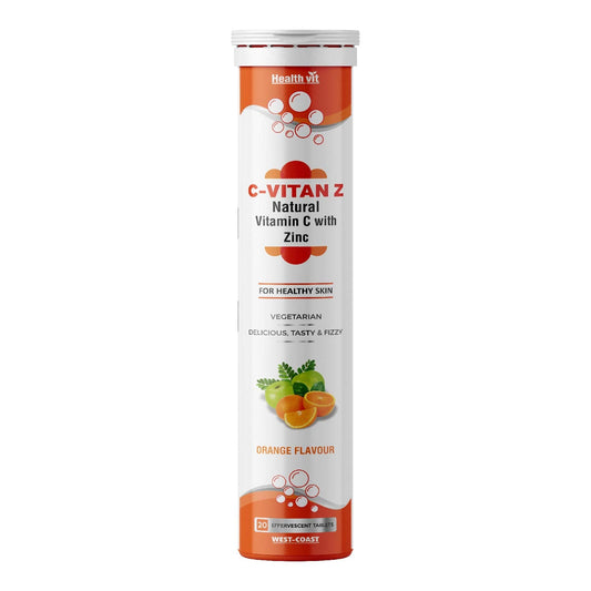 Healthvit C-Vitan-Z: Vitamin C 40mg, Amla 500mg, Zinc. Antioxidant, Immunity, Skin Health. Sugar-Free, 20 Effervescent Orange Tablets.