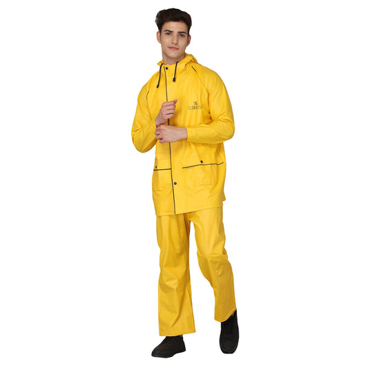 THE CLOWNFISH Roberto Series PVC Rain Coat for Men Waterproof for Bike With Hood Raincoat for Men Set of Top and Bottom Packed in a Matching Storage Bag Yellow With Black Piping Large