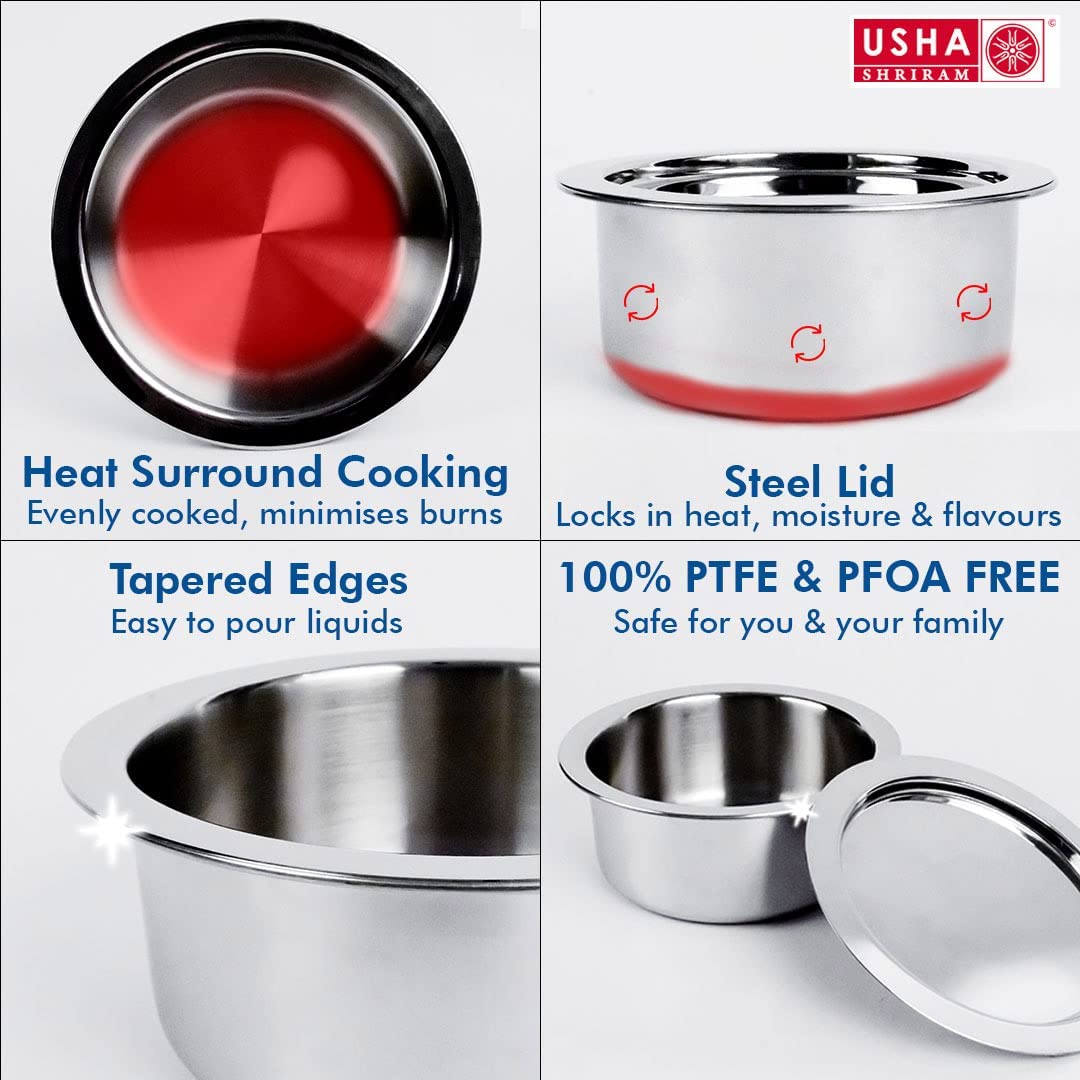 USHA SHRIRAM Triply Stainless Steel Sauce Pan with Lid, Induction Cookware, Easy Grip Handles, 1.4L & 2.1L