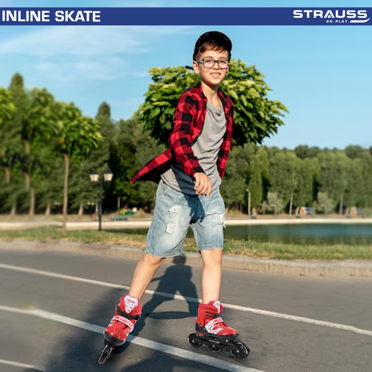 STRAUSS Blaze Adjustable Inline Skates for Boys & Girls, 3 Wheels, Beginner-Friendly, Enhanced Stability, Size M, Red