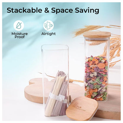 The Better Home 6 Kitchen Accessories Set: Rectangular Airtight Borosilicate Glass Jars with Bamboo Lids, 600ml each for Cookies, Snacks, Tea, Coffee, Sugar.