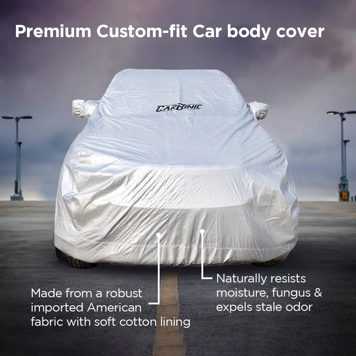 CARBINIC Waterproof Car Body Cover for Skoda Kushaq 2021: Dustproof, UV Proof, Mirror Pockets, Antenna, Triple Stitched, Double Layered, Soft Cotton Lining.