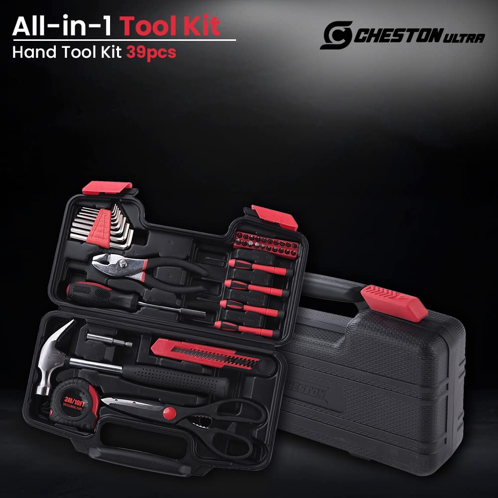 Cheston Ultra 39 Piece Hand Tool Kit: Non-Slip, Corrosion Resistant Handles, Multi-Utility Household & Professional Tools, Screwdriver, Socket, Wrench, Pliers