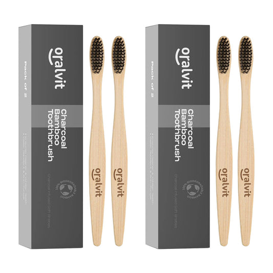 Oralvit Bamboo Charcoal Toothbrush 100 Natural  Anti-bacterial  Biodegradable  Eco-Friendly  For Adults  Kids  BPA Free - Pack of 2 Pack of 2