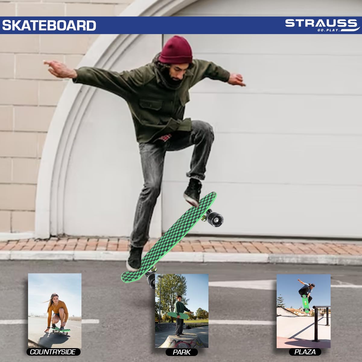 STRAUSS Cruiser Skateboard, ABEC-7 Bearings, PU Wheels with Light, Anti-Skid, 22x6", Checkered Green, Ideal for 8+ Years