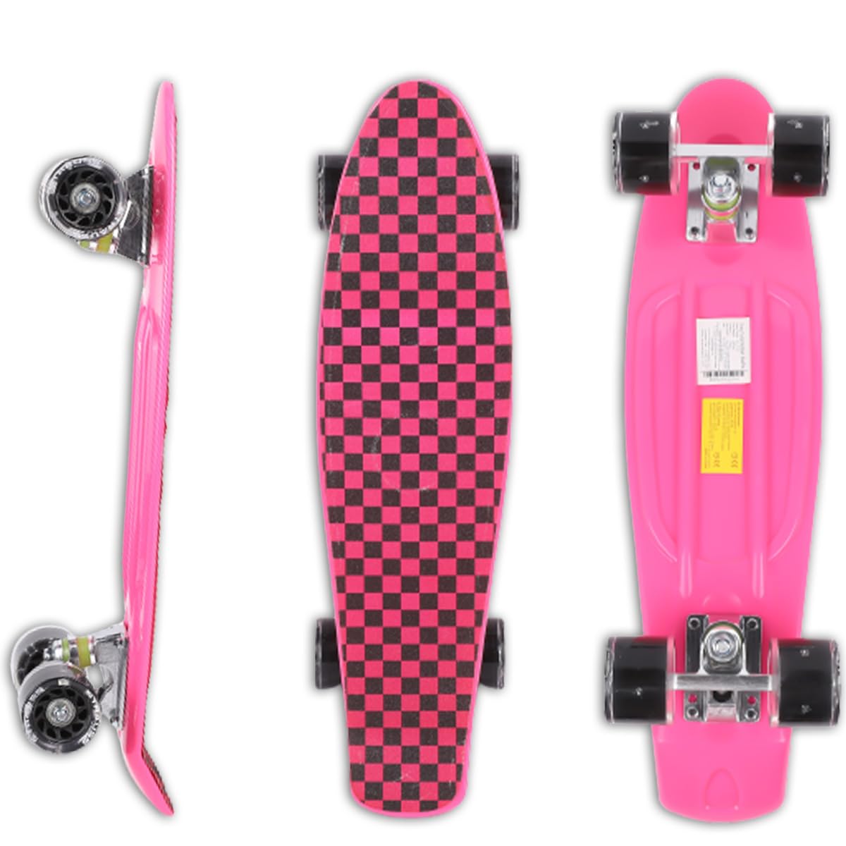 STRAUSS Cruiser Skateboard, Anti-Skid, High Precision Bearings, Light-Up Wheels, Ideal for All Skill Levels, Checkered Pink