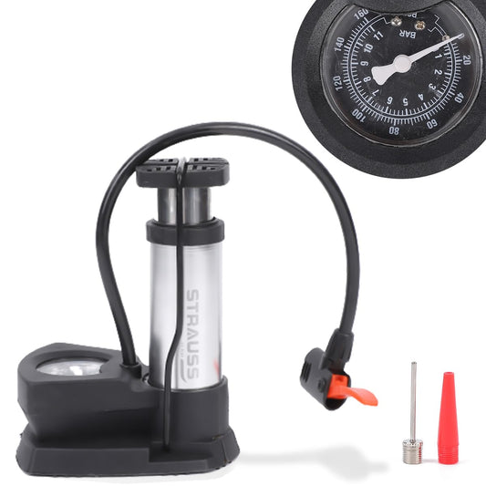 Strauss Portable High Pressure Foot Air Pump for Car, Bike, Bicycle, Football, Scooter. Fits Presta & Schrader. Silver.