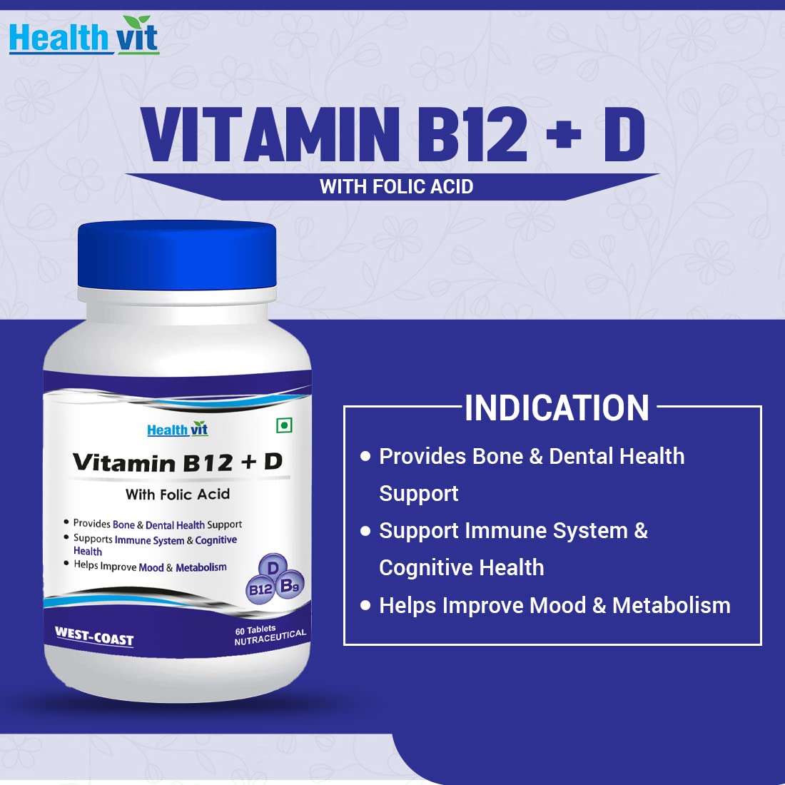 Healthvit Vitamin B12 D with Folic Acid: Bone, Dental, Mood, Metabolism, Cognitive Health Support. Vegan, Non-GMO, 60 Tablets.