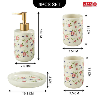 USHA SHIRAM 4 Pcs Ceramic Bathroom Set - Soap Dispenser, Soap Holder, 2 Tumblers, Handwash Dispenser, Bathroom Organizer, White