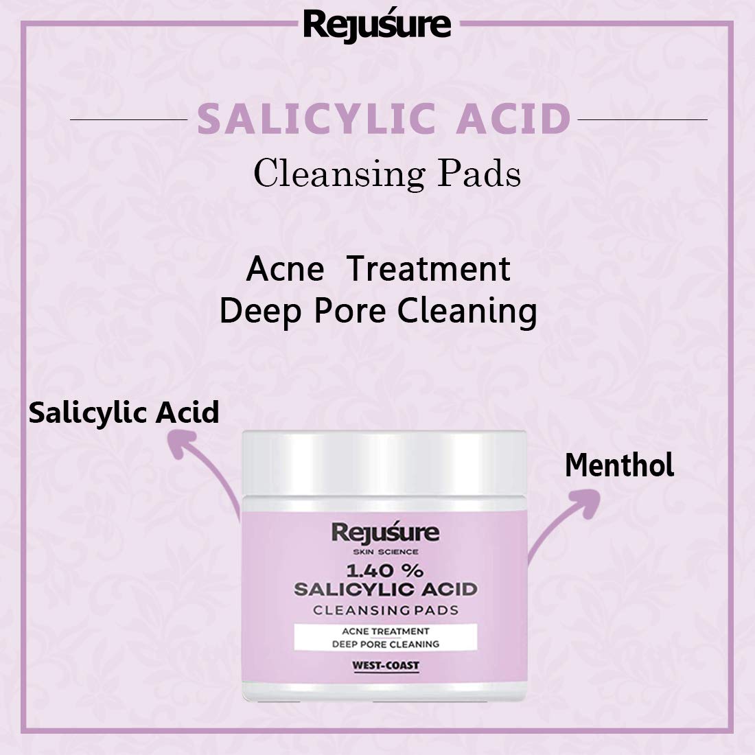 Rejusure Salicylic Acid Cleansing Pads - Acne Cleansing  Minimizes Dirt  Excess Oil  Skin care  Men  Women - 50 Pads