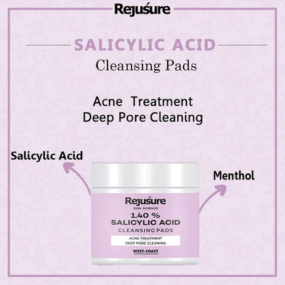 Rejusure Salicylic Acid Cleansing Pads - Acne Cleansing  Minimizes Dirt  Excess Oil  Skin care  Men  Women - 50 Pads