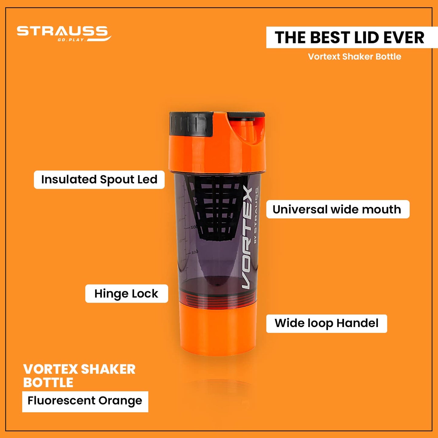 STRAUSS Vortex Shaker Bottle, 500ml, BPA-Free, Leakproof, 2 Storage Compartments, Ideal for Protein Shakes, Pre-Workout, BCAAs, Men & Women, Orange