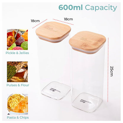 The Better Home 6 Kitchen Accessories Set: Rectangular Airtight Borosilicate Glass Jars with Bamboo Lids, 600ml each for Cookies, Snacks, Tea, Coffee, Sugar.