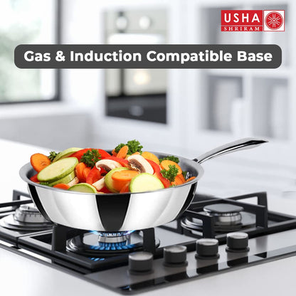 USHA SHRIRAM 1.5L Triply Stainless Steel Frying Pan with Lid, Stove & Induction Cookware, Heat Surround, Easy Grip Handles