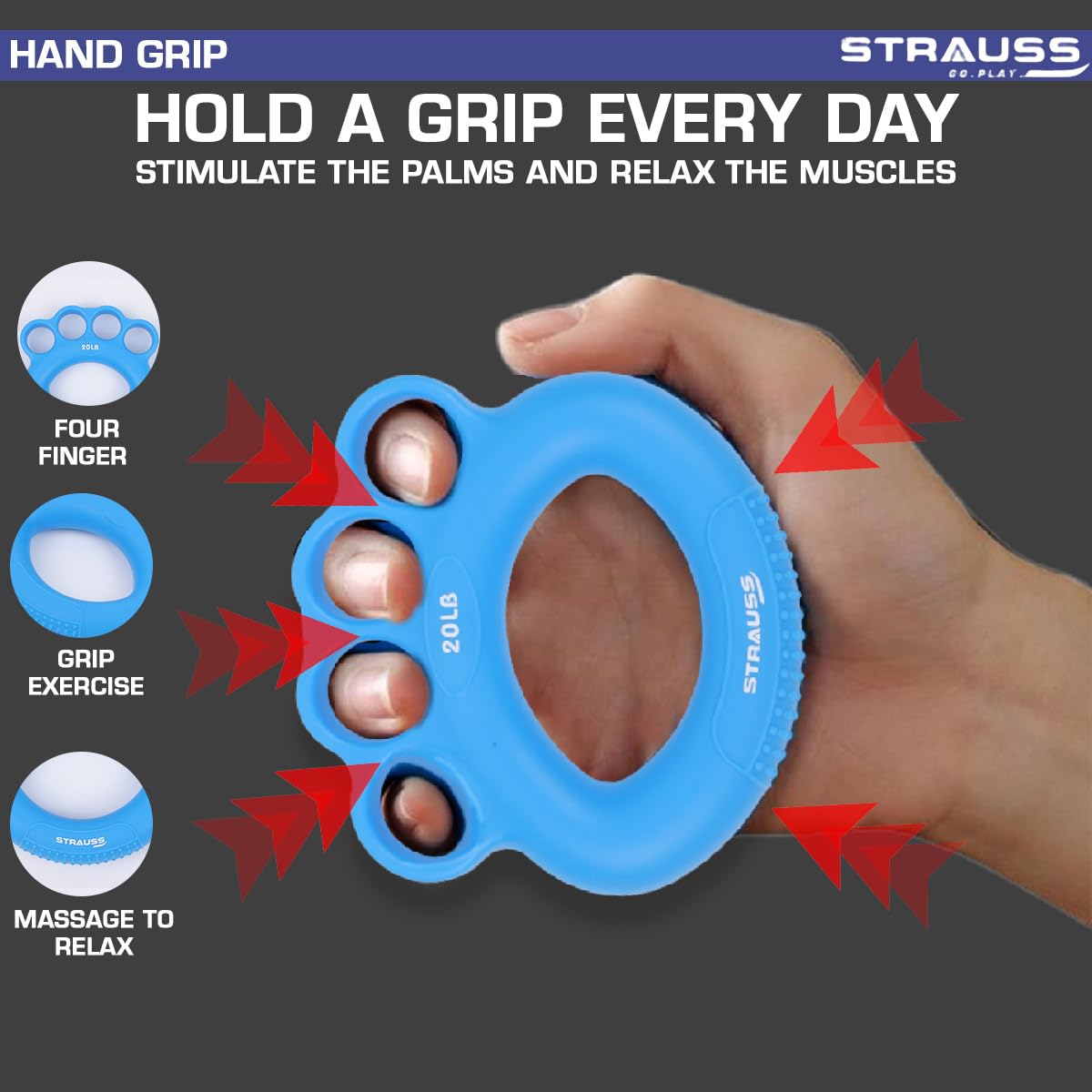 Strauss Adjustable Finger and Hand Exerciser  FingerPalm Gripper  Hand Strengthener for Carpal Tunnel Relief and Grip Strength for Men  Women Blue