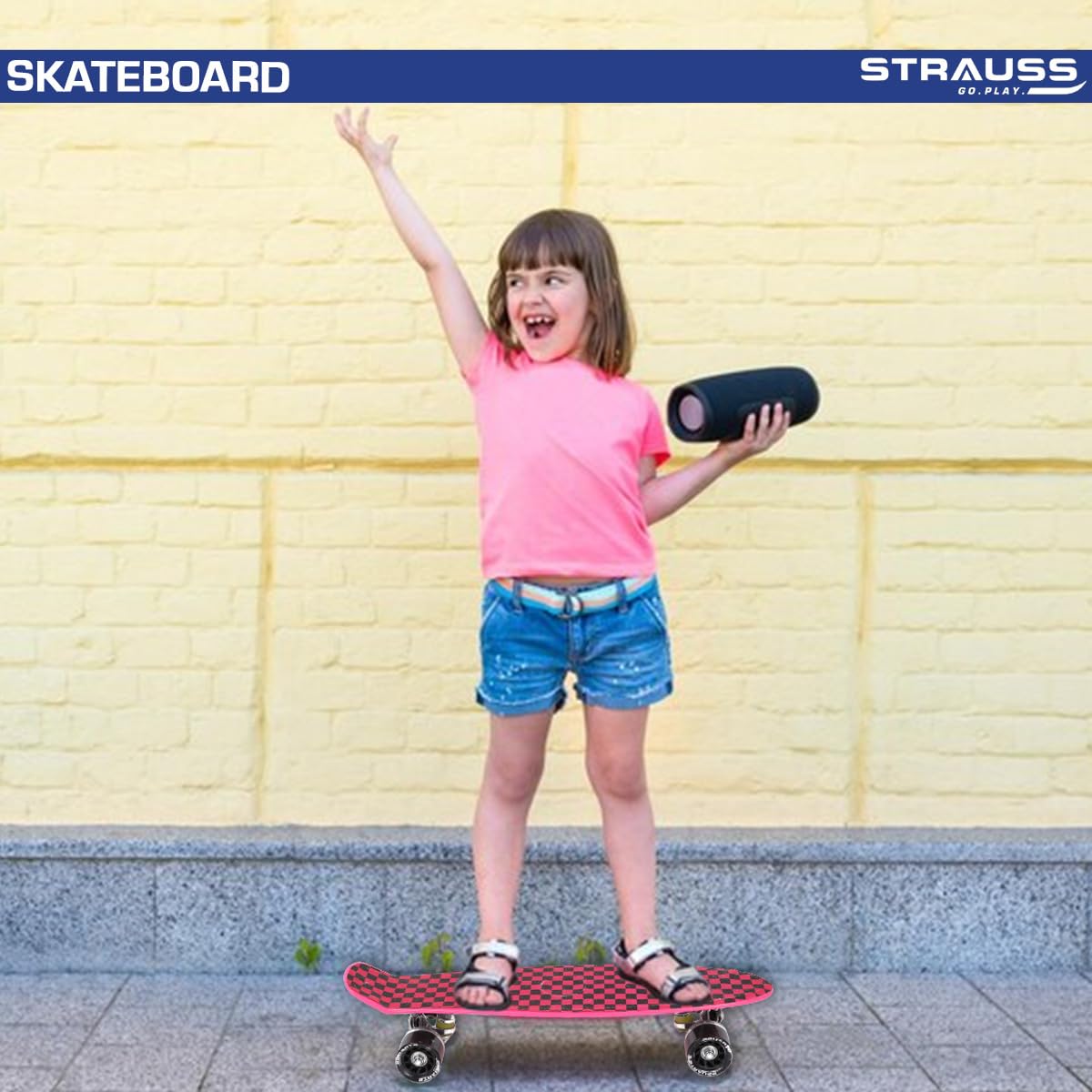 STRAUSS Cruiser Skateboard, Anti-Skid, High Precision Bearings, Light-Up Wheels, Ideal for All Skill Levels, Checkered Pink